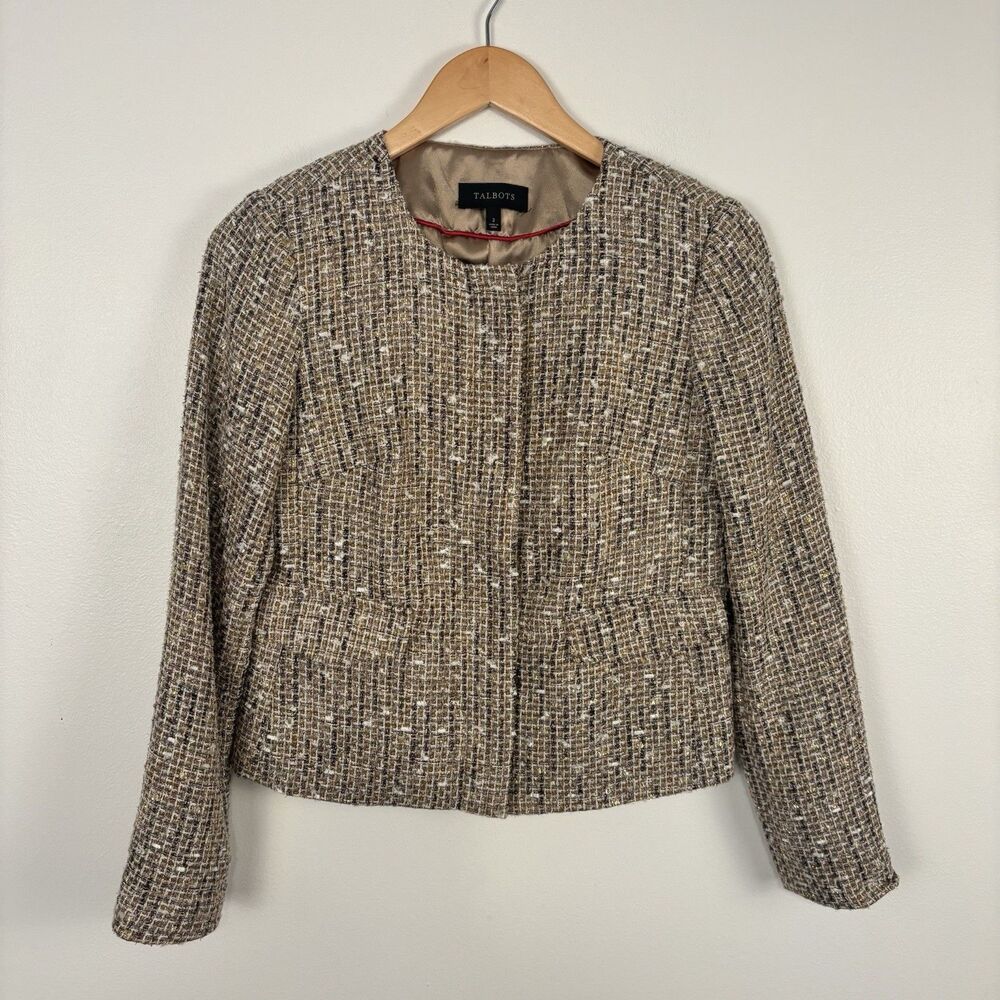 Talbots Womens Size 2 Tan Gold Brown Elegant Tweed Zip Blazer Jacket